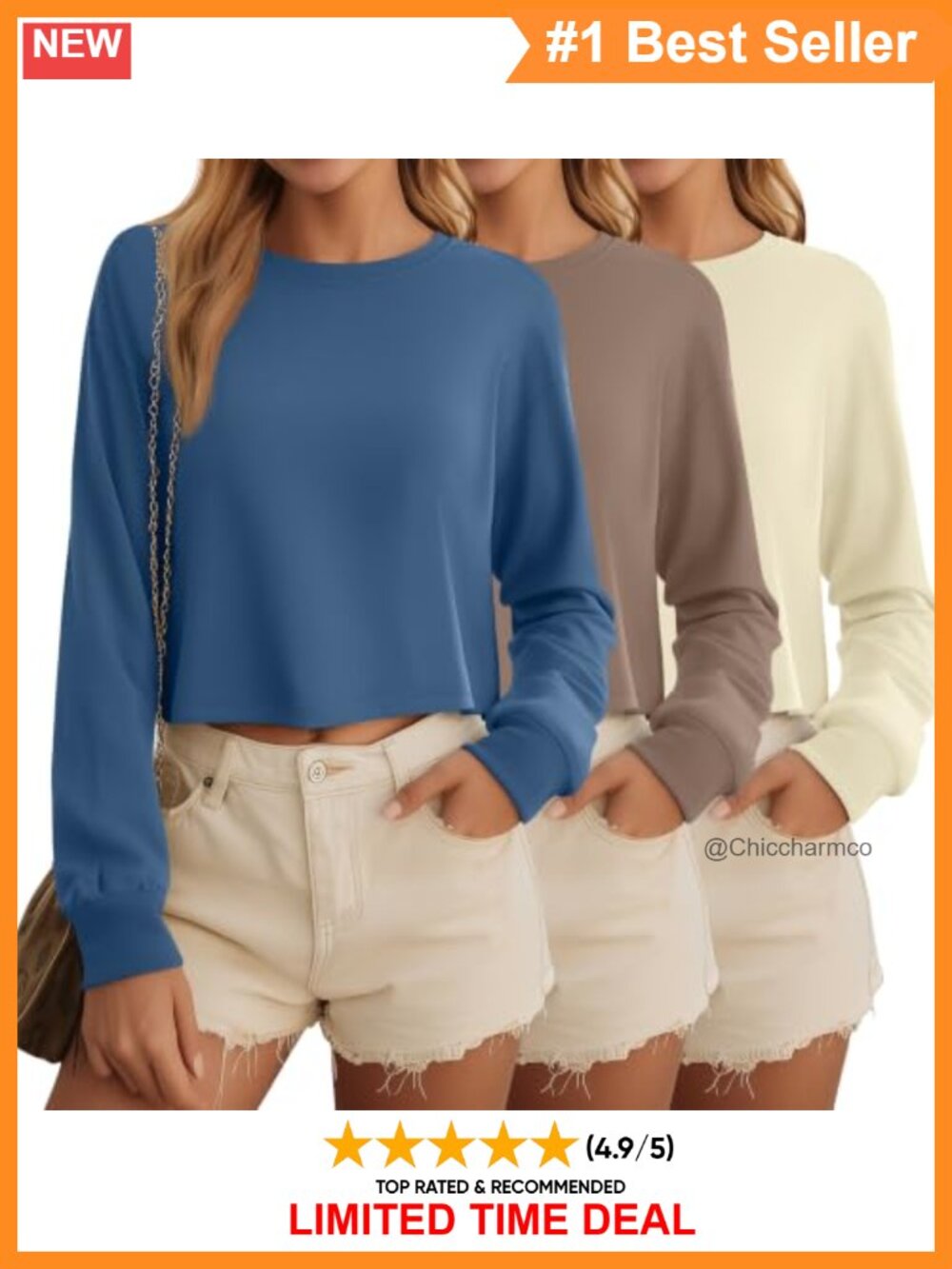 3 Pack Long Sleeve Crop Tops Cotton Spandex Crew Neck Drop Shoulder